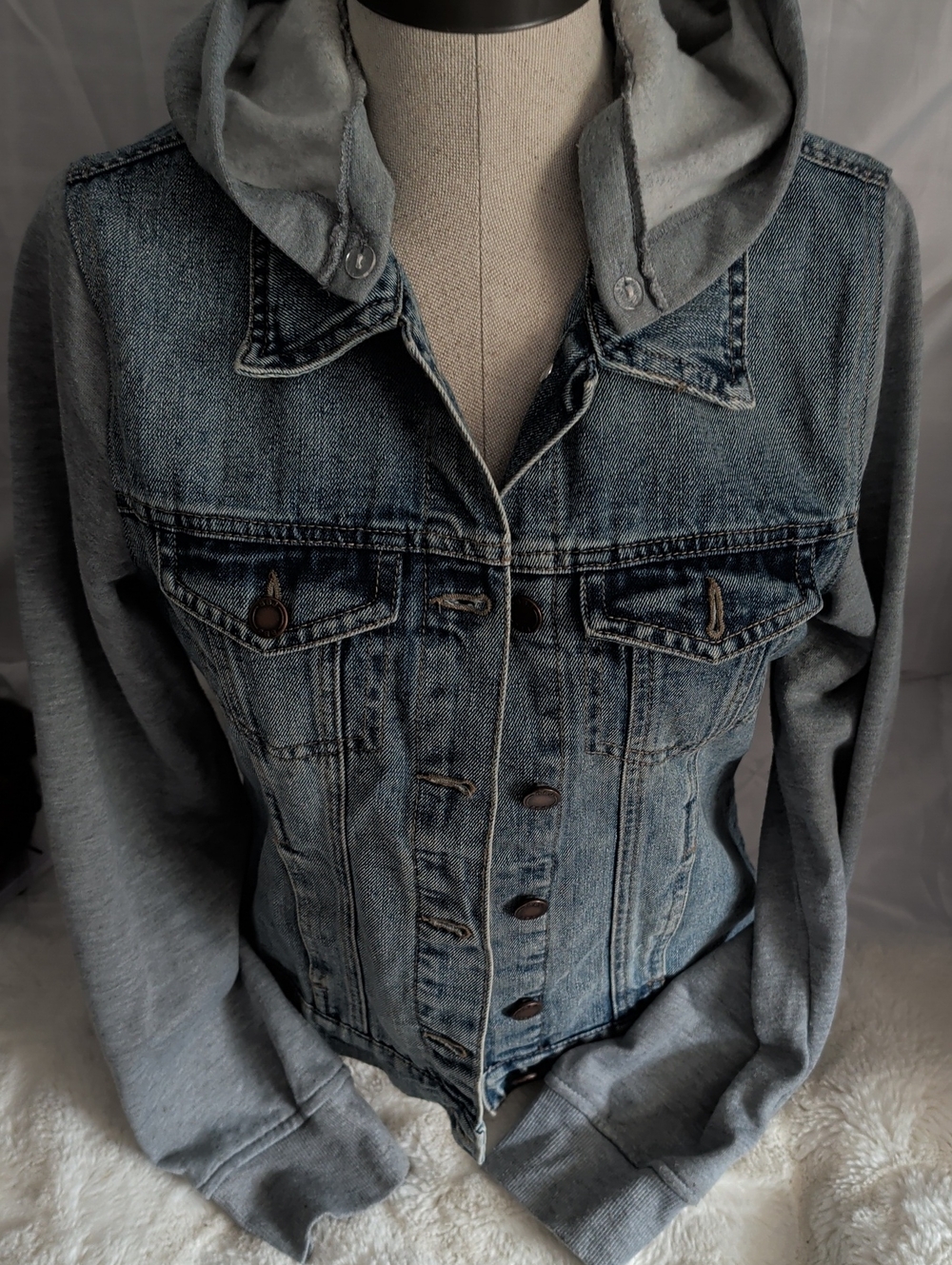 Two-Tone Hooded Denim Jacket in Blue and Gray